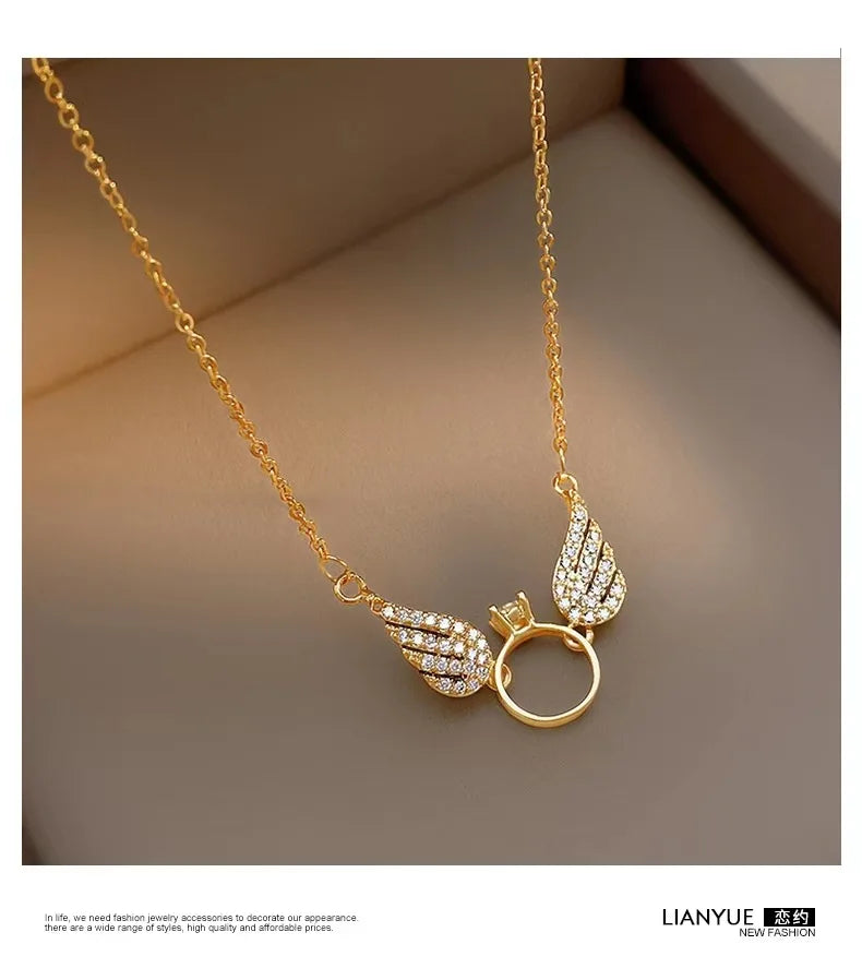 AU750 zircon small wings 999 24K real gold circle pendant necklace for women Instagram niche collarbone necklace