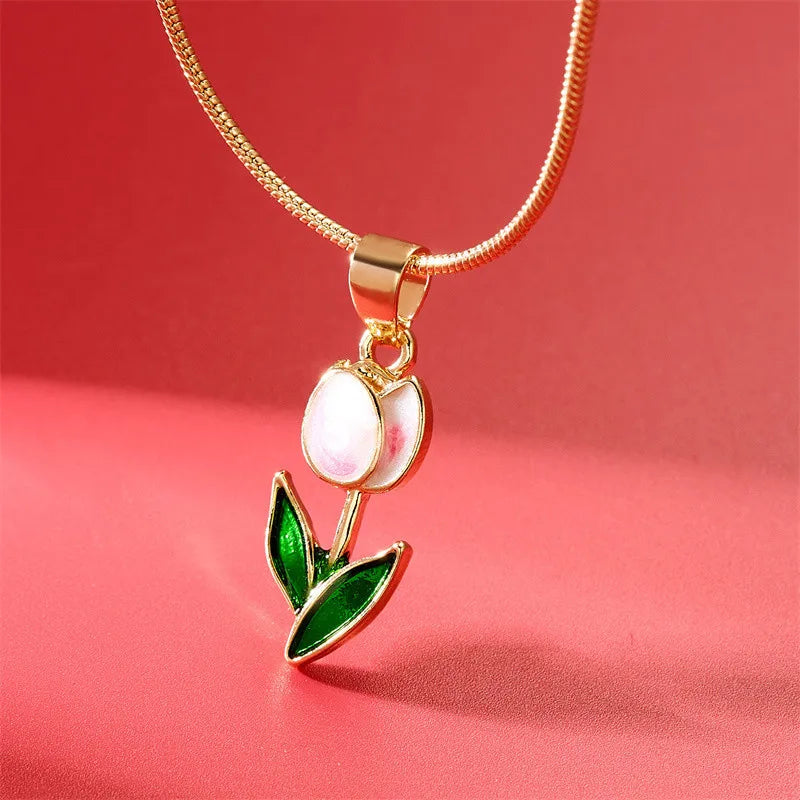 Vintage Elegant Enamel Tulip Flower Pendant Necklace For Women Fashion Young Girls Personality Accessories Clavicle Chain Choker