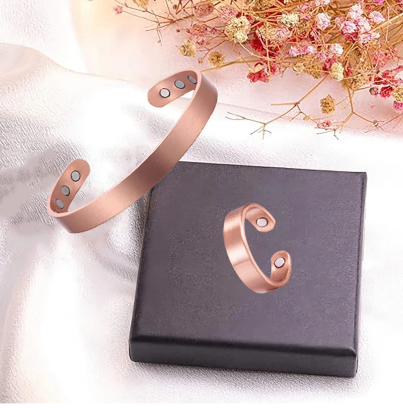 SNQP Set Pure Copper Bracelets and Rings Simplicity Cuff Magnetic Bangles for Women Men Arthritis Health Solid Copper Jewelry