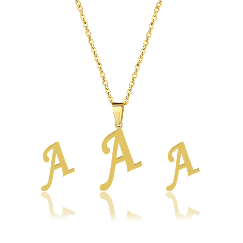 New Simple Gold Color A-Z 26 Letters Initial Pendant Necklace Set for Women Couple Stainless Steel Alphabet Name Chain Choker