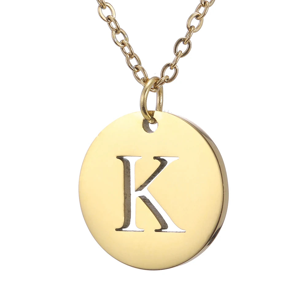 Amaxer Stainless Steel Necklace Fashion Gold Color Initial Charms Metal Round A To Z Letters For Women Single Name Jewelry Gifts