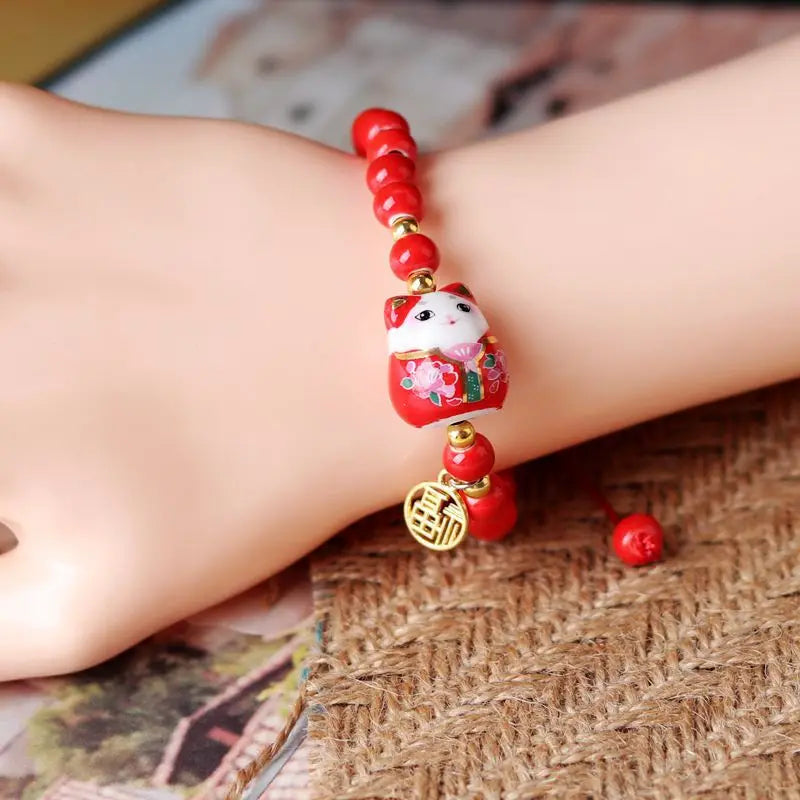 Cute Lucky Cat Bracelet For Girls Adjustable Colorful Beaded Bracelets Harajuku Ceramics Cat Pendant Charm Bracelets Jewelry