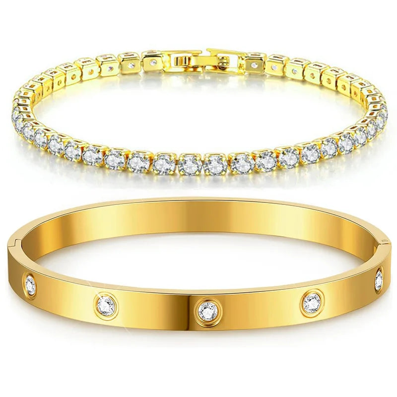 Stackable Gold Bracelets Bangles for Women Girls 14K Gold Plated Cubic Zirconia Tennis Bracelet Stainless Steel Jewelry Gifts