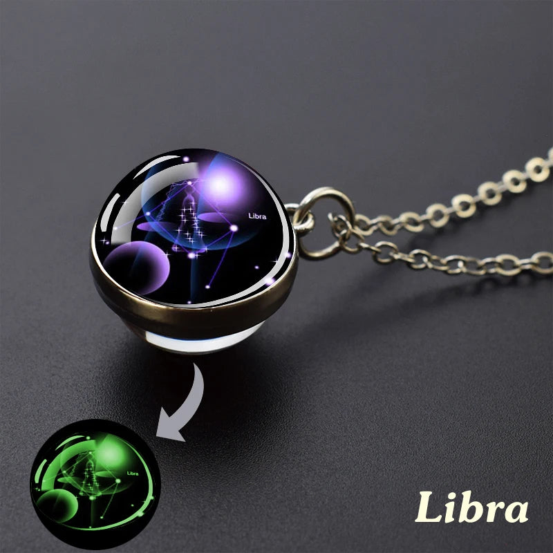 12 Constellation Necklace Starry Sky Luminous Zodiac Glass Ball Pendant Necklace Christmas Gift for Men Women