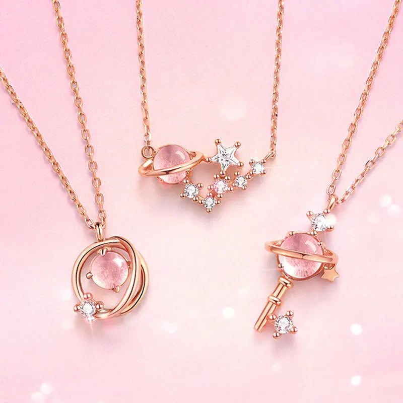 Pink Planet Meteor Shower Key Pendant Necklace Tiny Rose Gold Color Clavicle Chain Collar for Women Friendship Jewelry