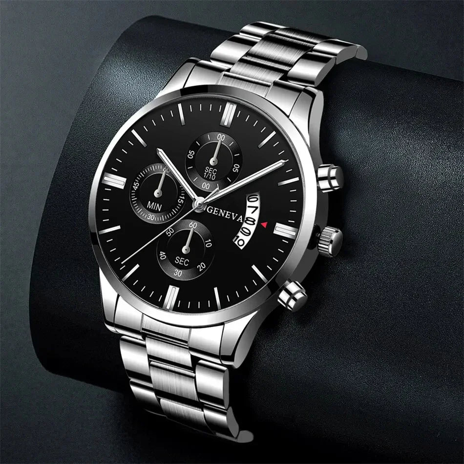 3PCS Set Fashion Mens Business Calendar Watches Men Casual Silver Bracelet Wings Necklace Stainless Steel Quartz Wrist Watch