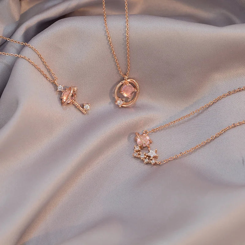 Pink Planet Meteor Shower Key Pendant Necklace Tiny Rose Gold Color Clavicle Chain Collar for Women Friendship Jewelry