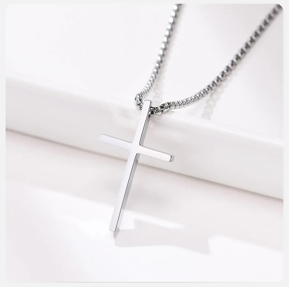 Vnox Mens Cross Necklaces, Stainless Steel Layered Plain Cross Pendant, Rope Box Chain Necklace, Simple Prayer Jesus Collar