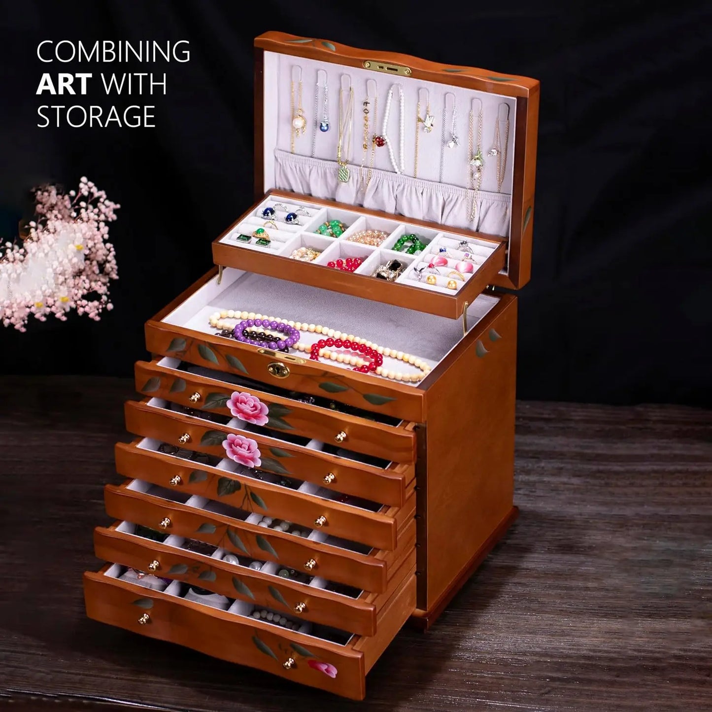 Hand-Painted Wooden Jewelry Box,jewelry boxes for women large,jewlrey box&organizers with necklace hanger,jewerly organizer