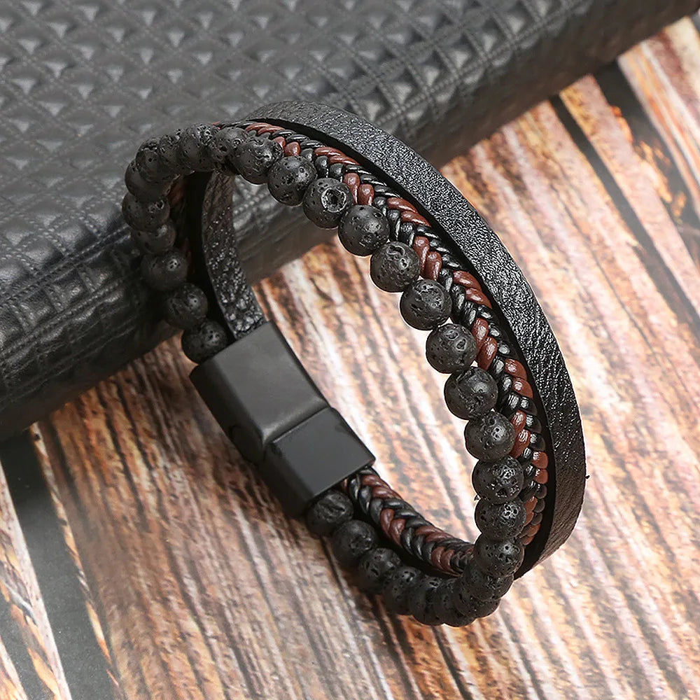 High Quality Leather Bracelet Men Classic Fashion Red Tiger Eye Beaded Multi Layer Leather Bracelet For Men Jewelry Gift