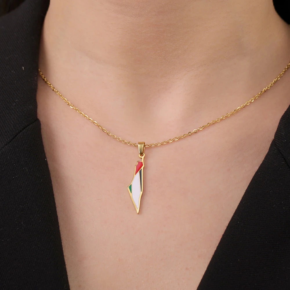 My Shape Palestine Map Flag Pendant Necklace for Women Men Stainless Steel Map Geography Necklace Choker Chain Jewelry Wholesale