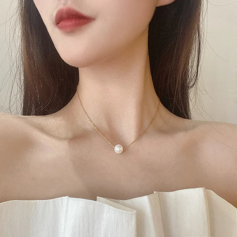 Sexy Minimalism Single Pearl Pendant Necklace for Women Twist Gold Silver Color Clavicle Choker Chain Collar Party Jewelry