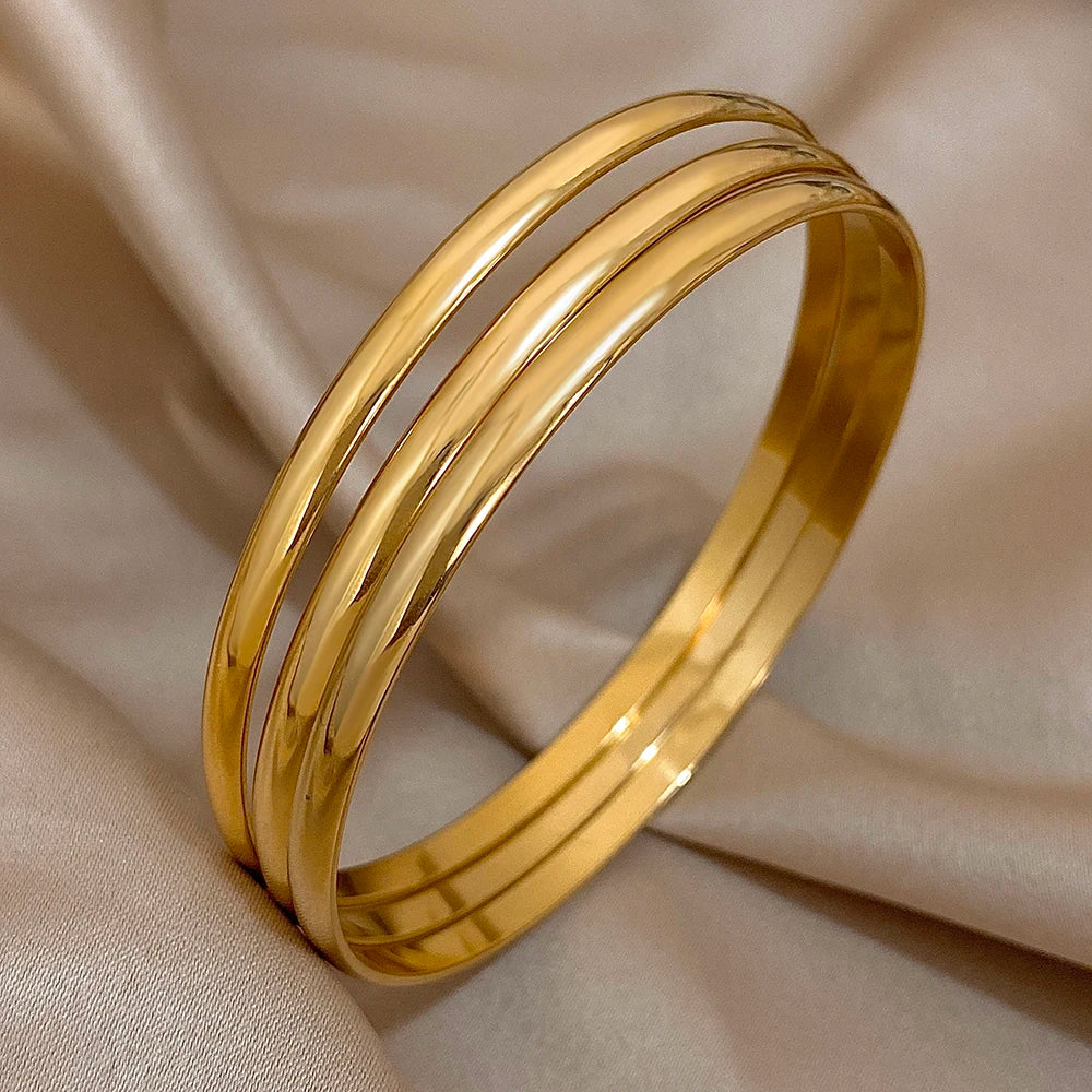 3pcs Glossy 18K Gold Plated Stainless Steel Bangle Bracelet for Women Minimalist Basic Wristband Bangles Waterproof Jewelry