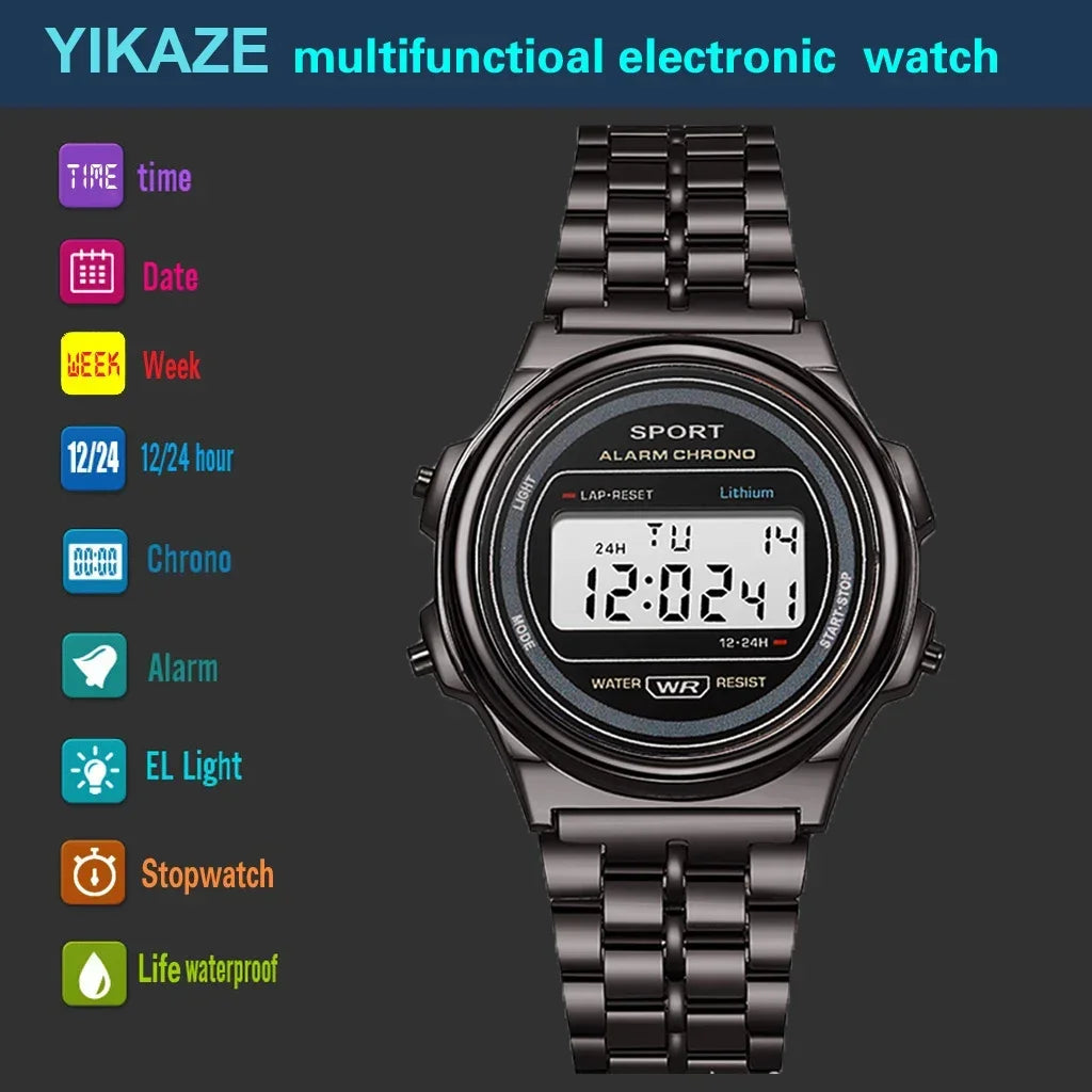 YIKAZE Steel Men's Watch Classic Business Men Digital Watches Alarm Chrono Electronic Wristwatch Sports Clock for Man Women