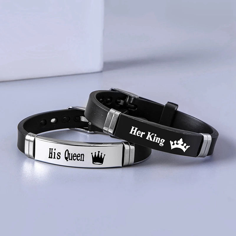 2 Pcs/Set Stainless Steel Crown Her King His Queen Trendy Sport Silicone Couple Bracelet Bangle Unisex Lover Bracelets Gift