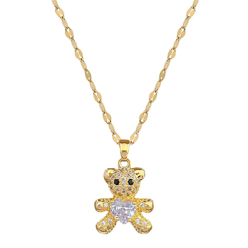 Cute Fashionable Bear Micropaved Rhinestone Pendant Necklace Earrings Set Women's Jewelry Perfect Birthday Gift for Girls Women