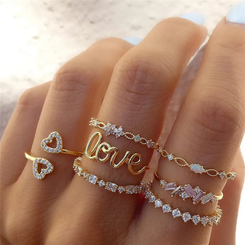 Silver Color Crystal Rings Set for Women, Cubic Zirconia Moon Arrow Flower Heart Finger Wedding Rings, Female Fashion Jewelry