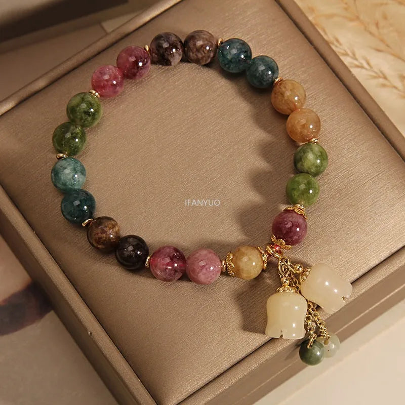 Fashion Natural Color Tourmaline Crystal Bracelets Women's Light Luxury Orchid Pendant Beaded Bracelet Birthday Party Jewelry