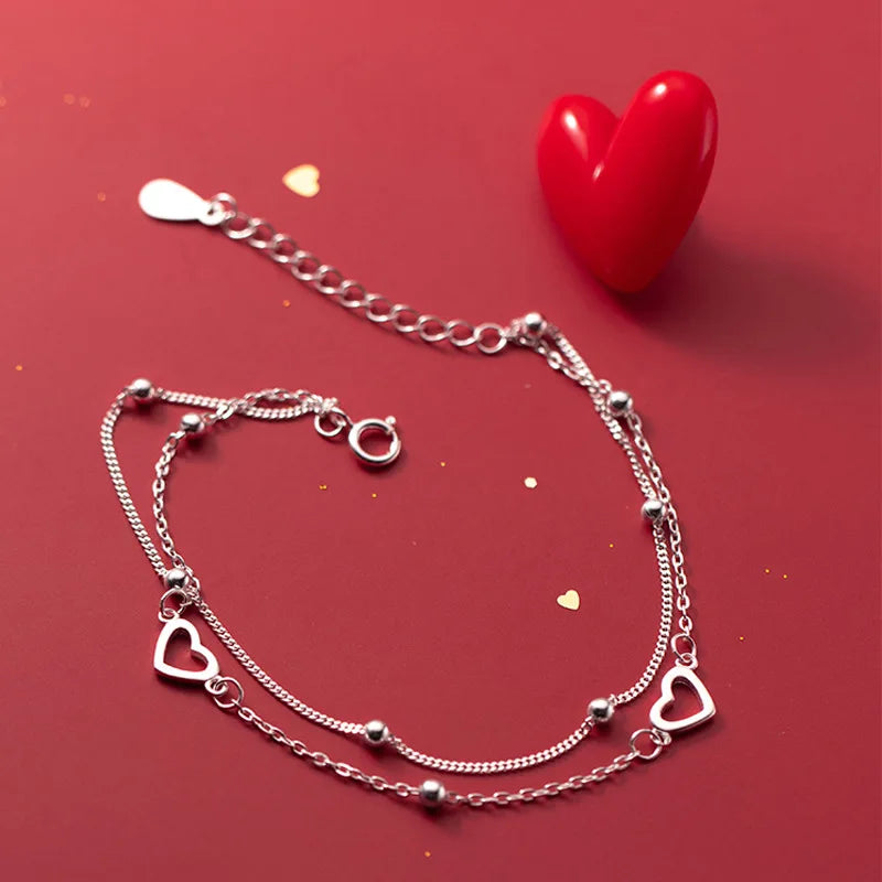 VENTFILLE 925 Sterling Silver Double Love Heart Hollow Round Beads Bracelet Female Fashion Romantic Jewelry Classic Adjustable