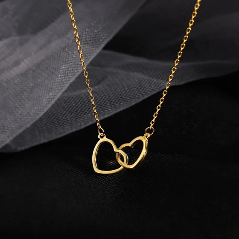 Korean Fashion Metal Alloy Heart Stainless Steel Necklace for Women Double Heart Necklace Interlocking Necklace Jewelry Collares