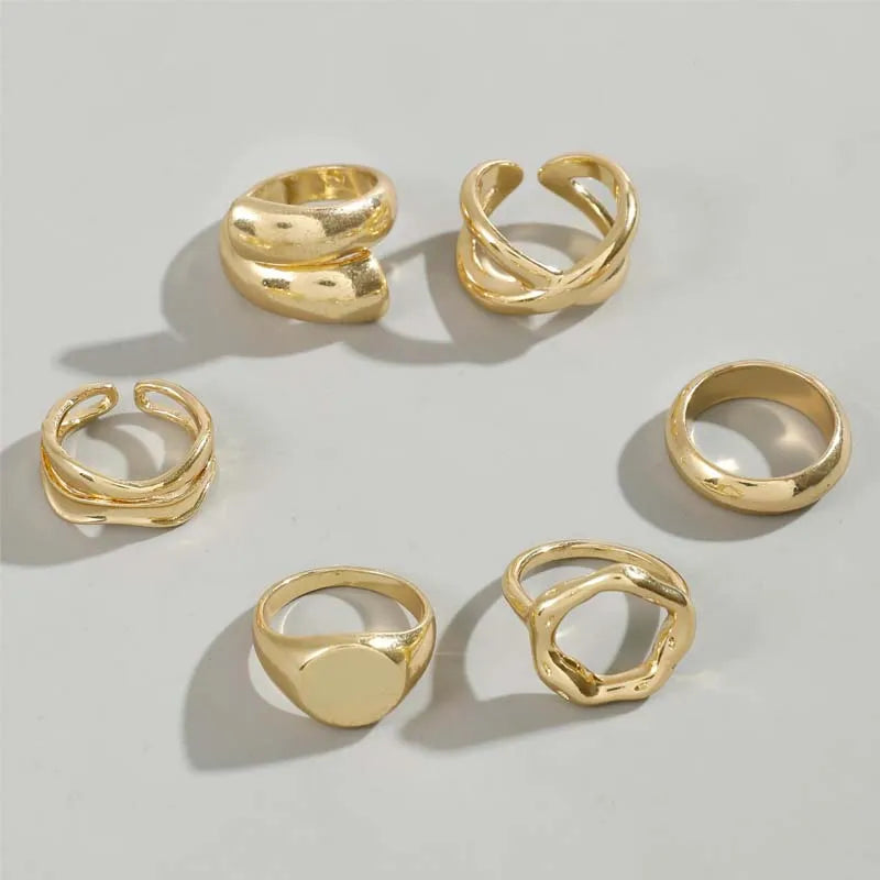 6Pcs/Set Gold Color Smooth Geometric Open Rings Set For Women Exaggerated Metal Irregular Thick Chunky Ring Jewelry Gift