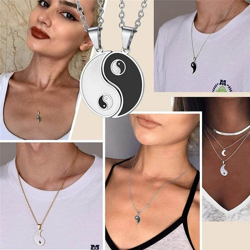 2/4Pcs Tai Chi Yin Yang Couple Bracelets Necklaces Set Pendant Adjustable Braid Chain Bracelet Matching Lover Bracelets Choker