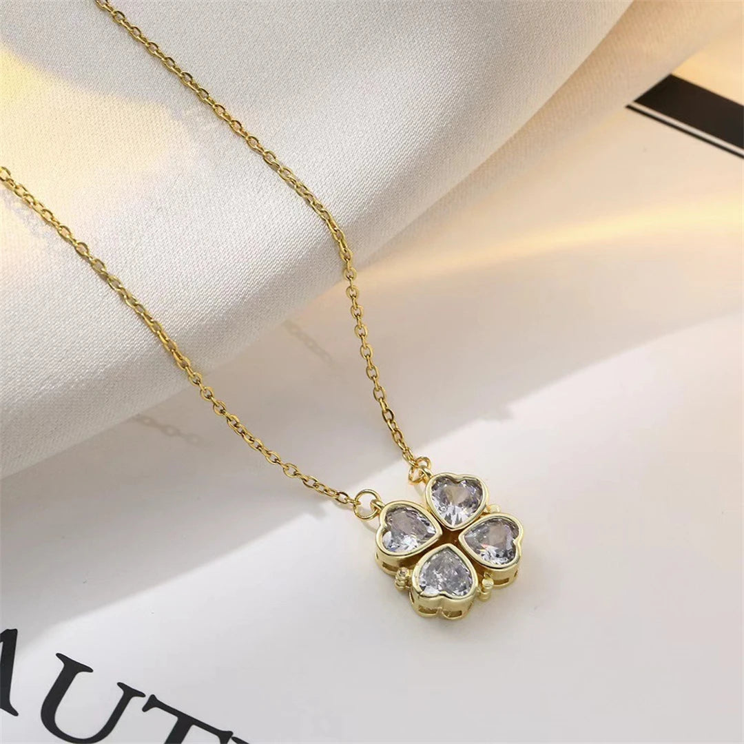 Fashion Retro Lucky Four Leaf Clover Women Necklace Gothic Love Heart Pendant Choke Chain Necklace Stainless Steel Jewelry Gift