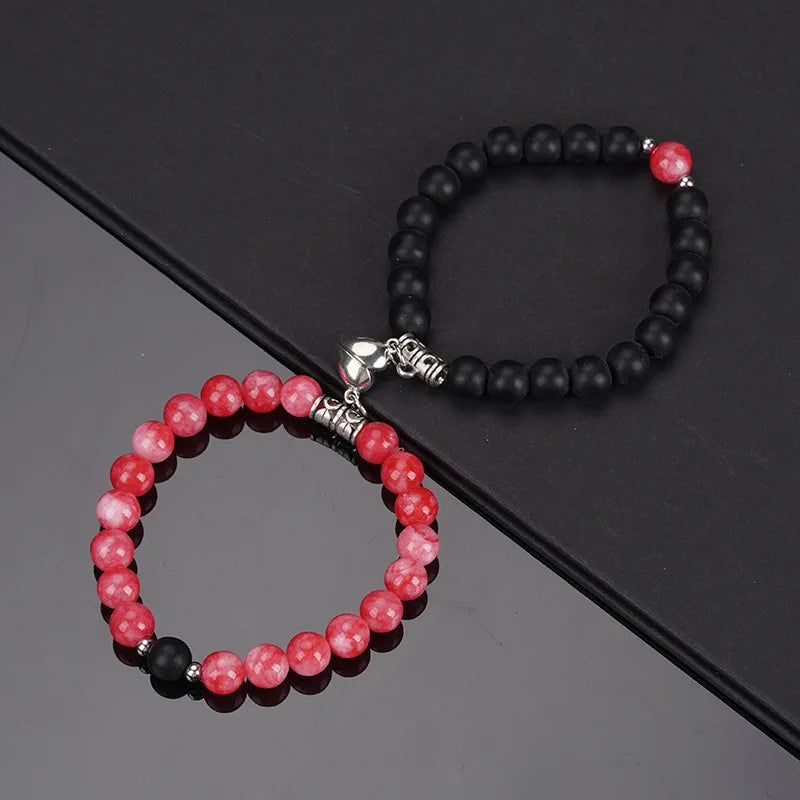 2Pcs/Set Natural Stone Beaded Heart Magnet Attraction Couple Bracelets For Women Men Simple Love Relationship Bracelet Jewelry