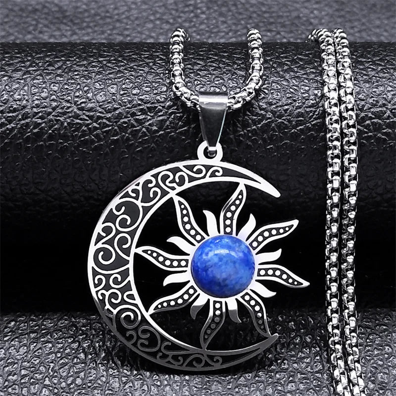 Witch Moon Sun Necklace for Women Men Stainless Steel Stone Occult Luna Crescent Wicca Chain Jewelry collares acero inoxidable