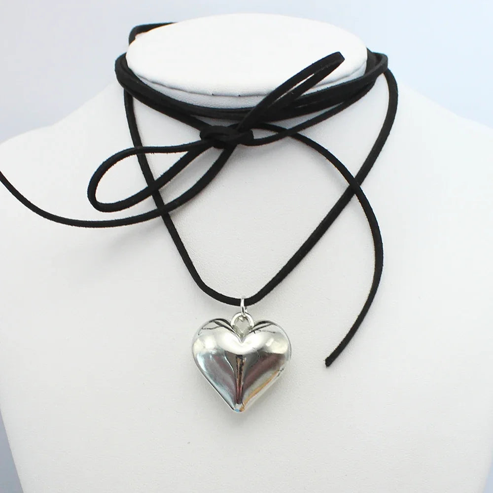 Goth Black Velvet 30mm Big Heart Pendant Choker Necklace Women Diy Weave Knotted Bowknot Adjustable Chain Jewelry