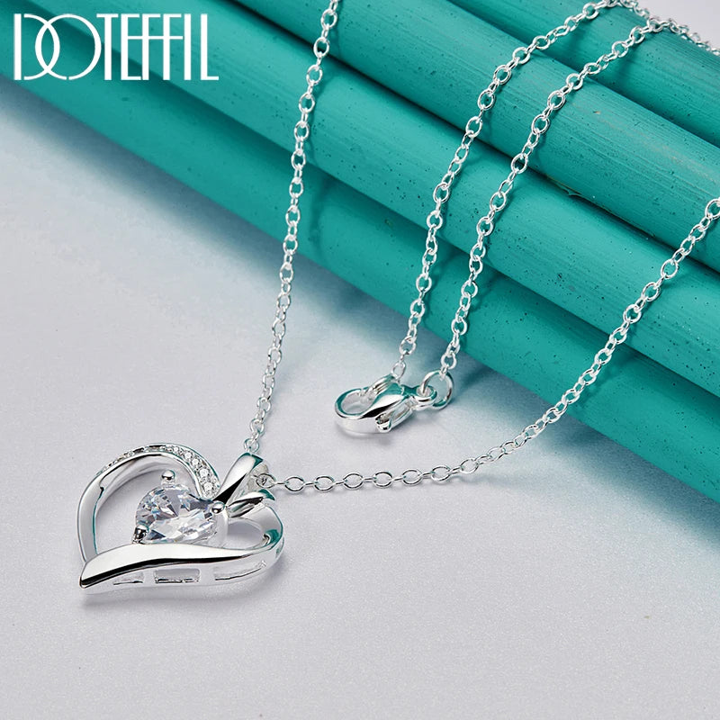 DOTEFFIL 925 Sterling Silver 16-30 Inch Chain AAA Zircon Heart Pendant Necklace For Woman Wedding Engagement Charm Jewelry