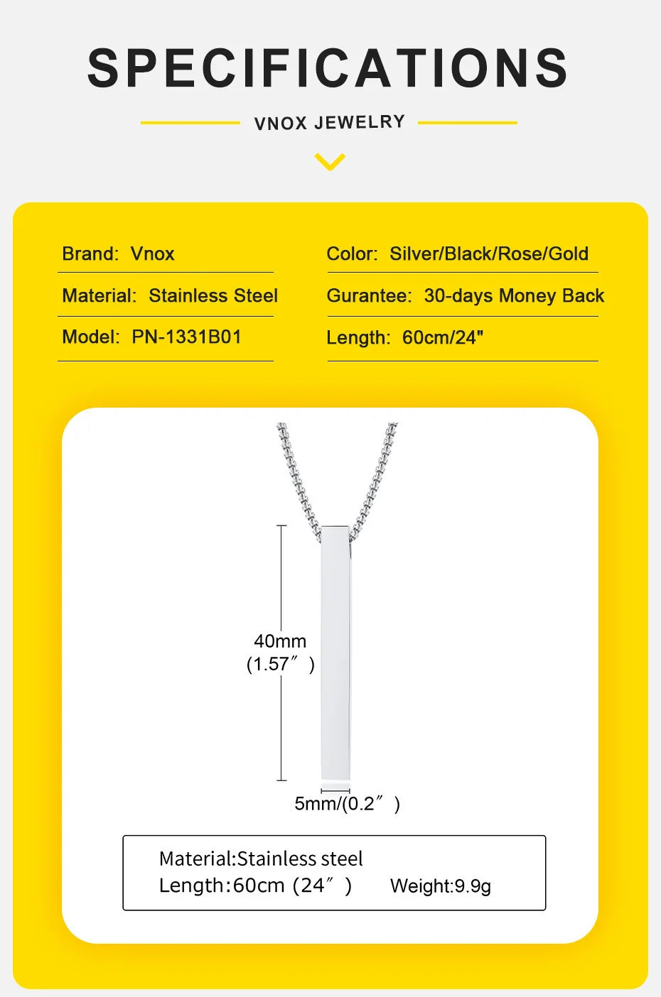 Vnox 3D Vertical Bar Necklaces for Men, Layering Stainless Steel Geometric Pendant, Layered Wheat Rope Cuban Chain, Boy Collar