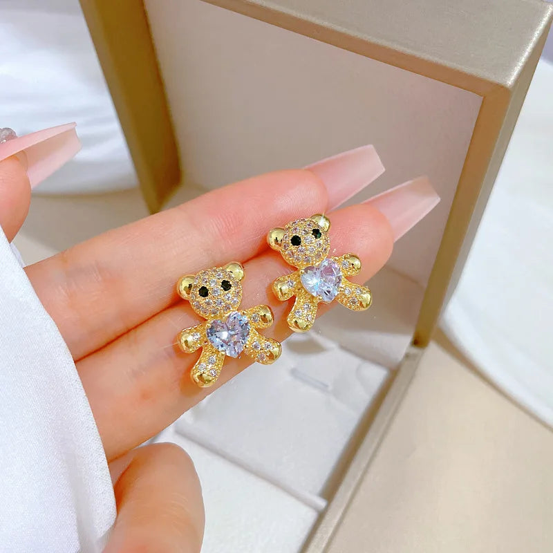 Cute Fashionable Bear Micropaved Rhinestone Pendant Necklace Earrings Set Women's Jewelry Perfect Birthday Gift for Girls Women