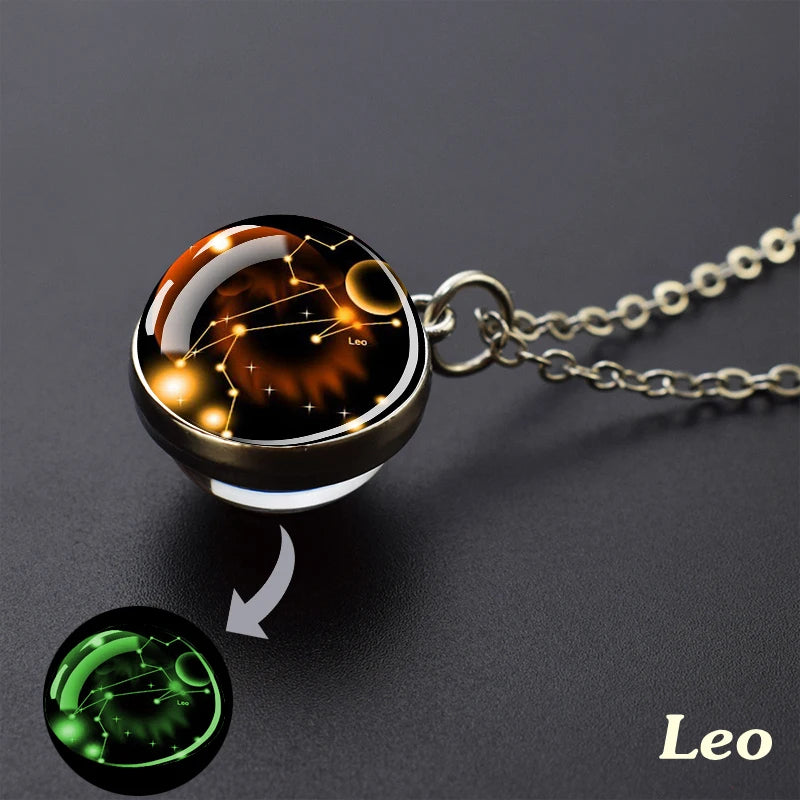 12 Constellation Necklace Starry Sky Luminous Zodiac Glass Ball Pendant Necklace Christmas Gift for Men Women