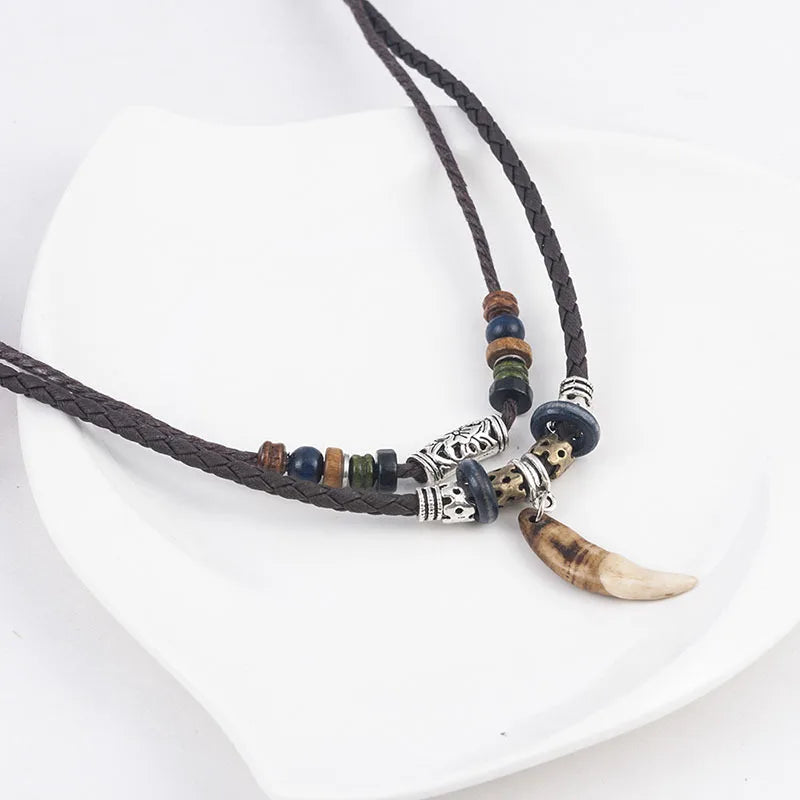 Bohemia Tooth Pendant Necklace for Men Women Beaded Weaved Leather Necklace Natural Style Initial Necklaces Jewelry Mens Gifts