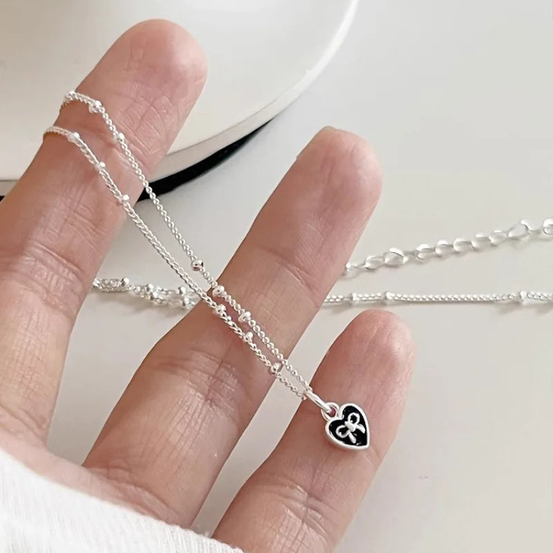 VENTFILLE 925 Sterling Silver Love Heart Necklace for Women Girl Black Drop Glaze Bow Knot Bead Jewelry Sweet Gift Dropshipping