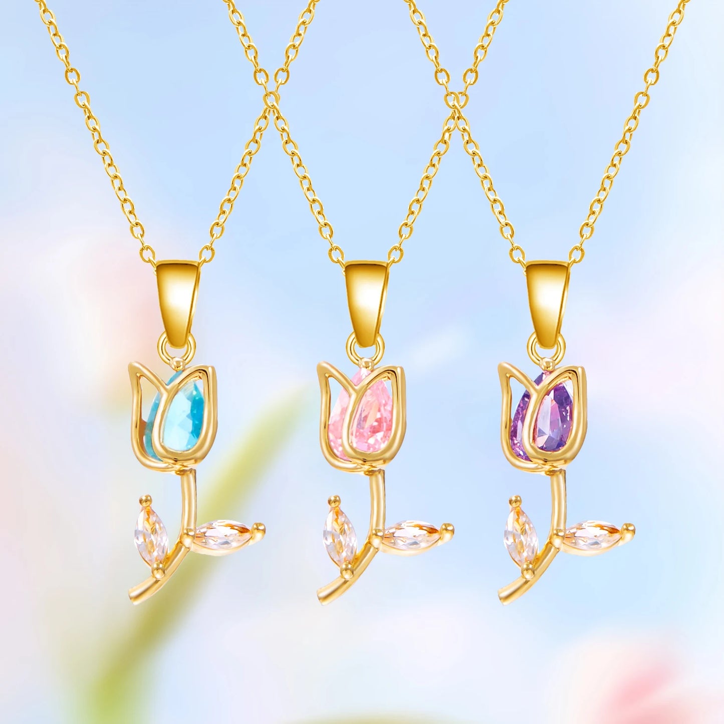 Light Luxury Zircon Tulip Flower Pendant Necklace for Women Elegant Stainless Steel Clavicle Chain Fashion Party Jewelry Gift