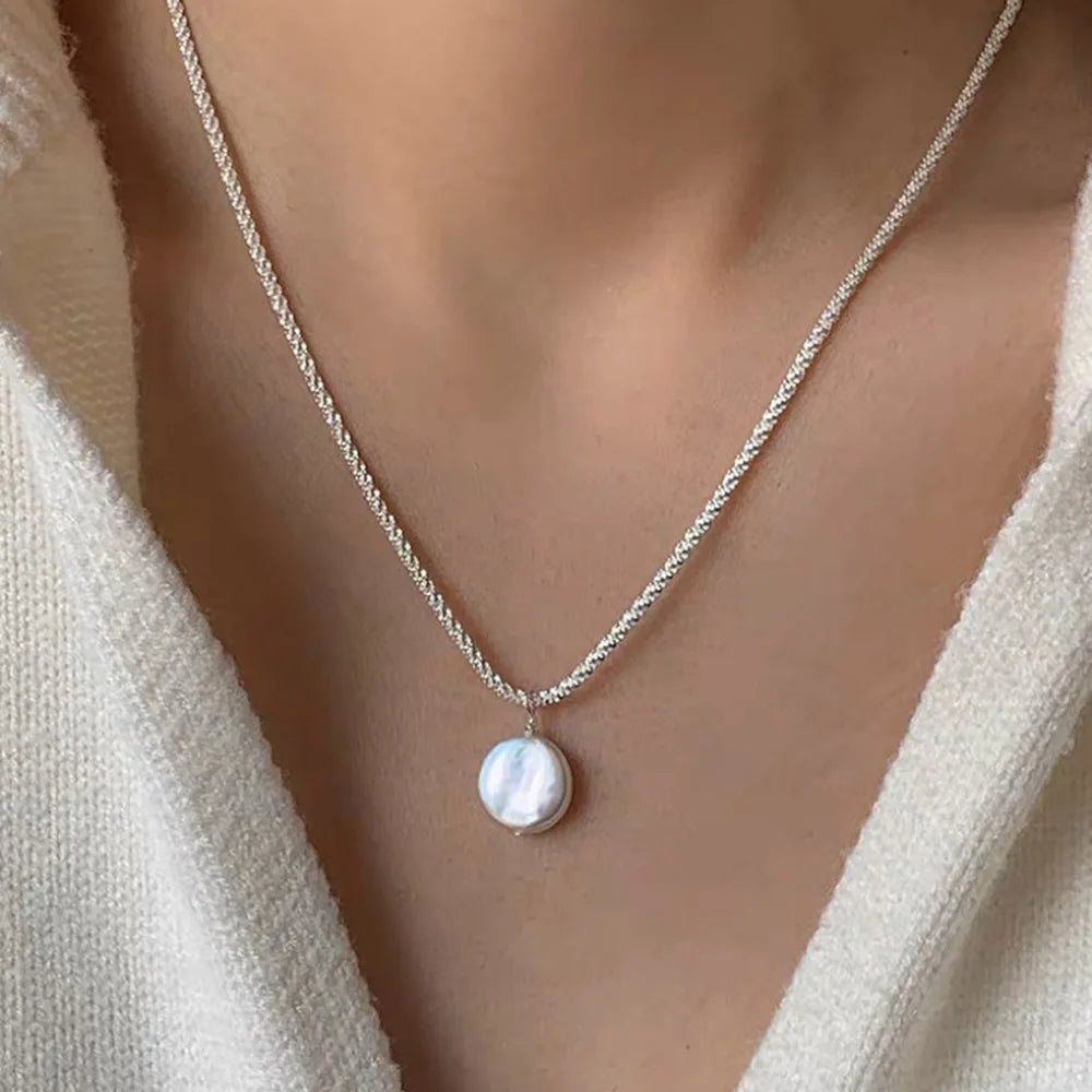 Baroque Button Pearl Pendant Necklace for Women Fashion Silver Color Stainless Steel No Fade Sparkling Clavicle Chain Jewelry