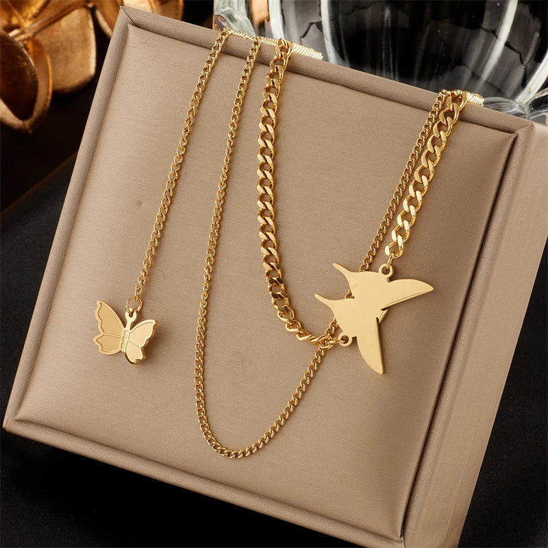 MEYRROYU316L Stainless Steel Geometry Star Moon Butterfly Pendant Multilayer Chain Choker Necklace For Women Wedding Accessories