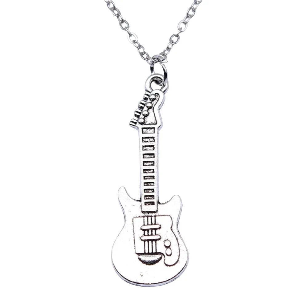 Simple Classic Fashion 12x35mm Antique Silver Color Guitar Pendant Girl Women Short Chain Necklaces Choker Necklace