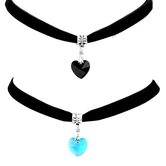 Retro Vintage Gothic Chocker Harajuku Love Heart Chokers Goth Black Velvet Heart Crystal Pendant Choker Necklace