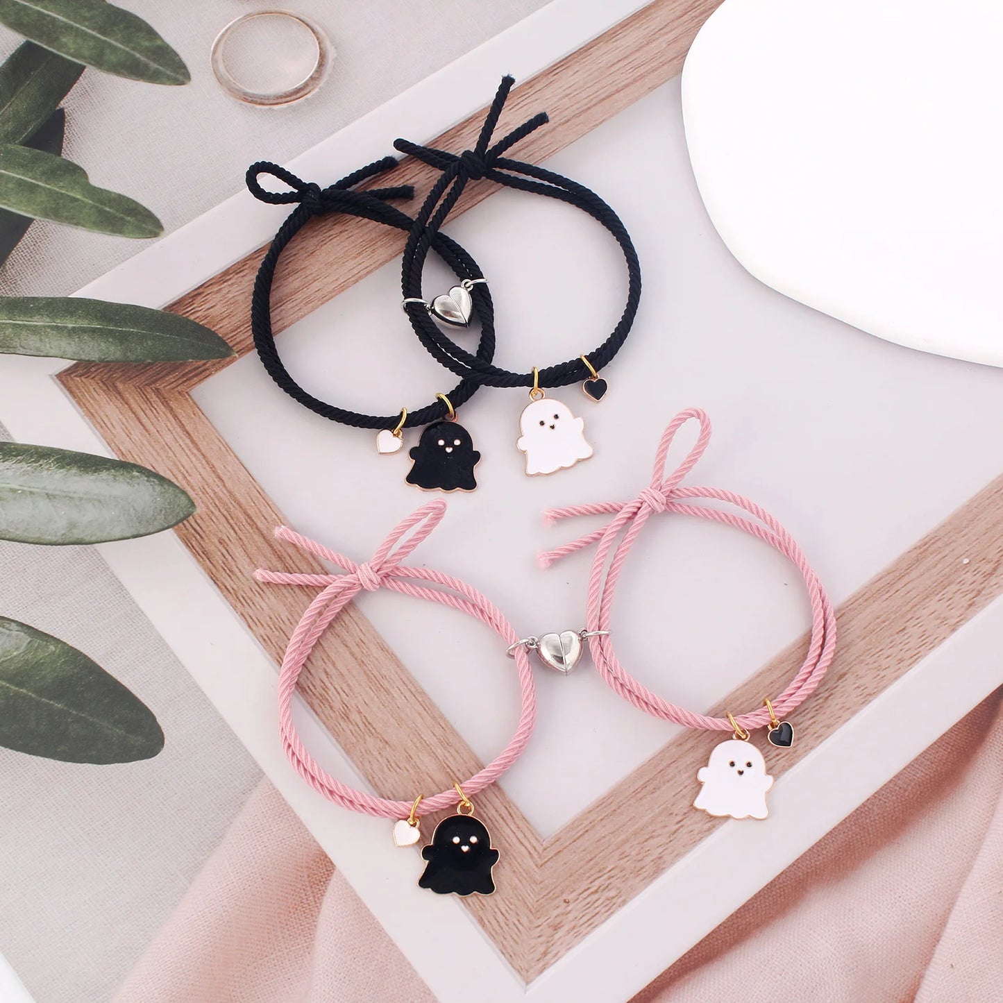 2Pcs Creative Heart Magnetic Matching Couple Bracelets for Women Men Cute Cartoon Ghost Pendant Bracelet BFF Friendship Jewelry