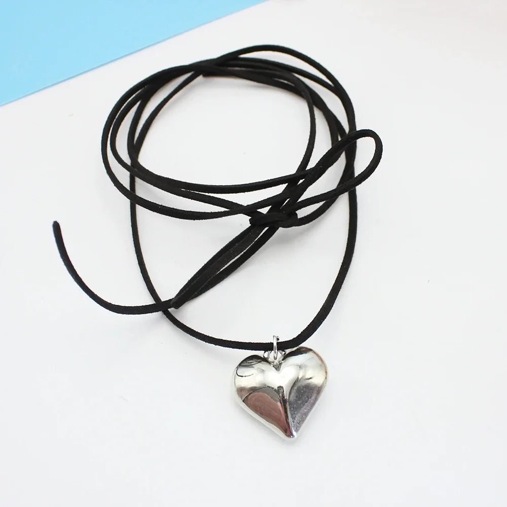 Goth Black Velvet 30mm Big Heart Pendant Choker Necklace Women Diy Weave Knotted Bowknot Adjustable Chain Jewelry