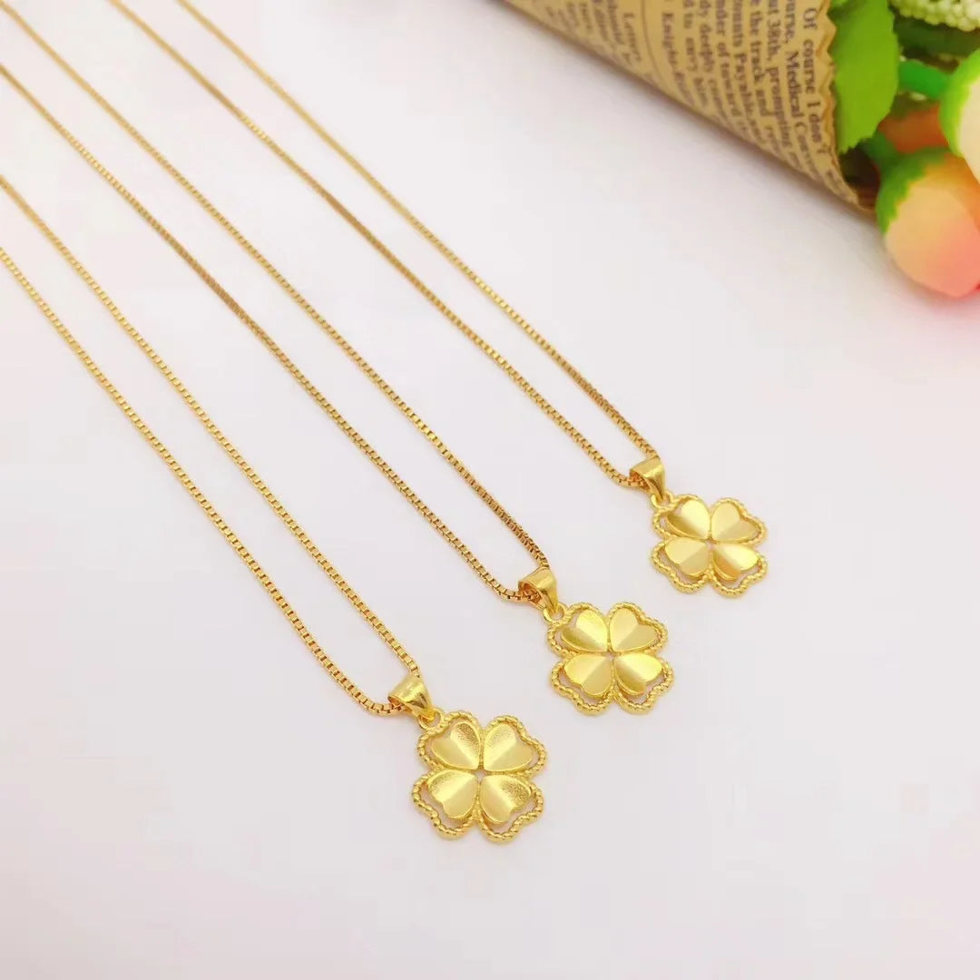 14 K Gold Color Lucky Clover Pendant Necklace for Women Fine Jewelry Genuine Solid Gold Color for Women Wedding Luxury Jewelry