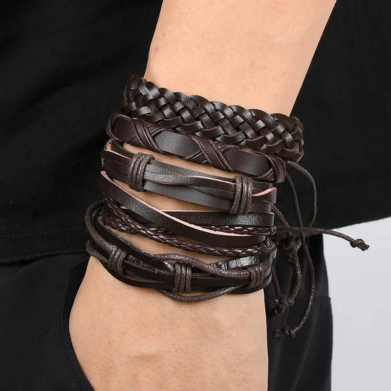 1 Fashion Bracelet Viking  Bracelet For Men Hand Bracelets Woven Skull Hand Jewelry Adjustable Leather Set Bracelet For Leather