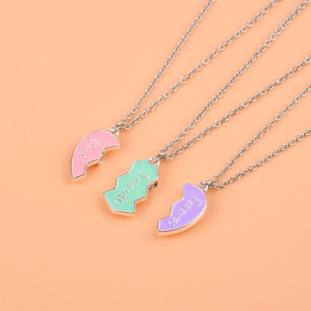 Lovecryst 3Pcs/set Cute 3-color Heart Broken Stitching Magnetic Best Friend Necklace for Girls BFF Friendship Jewelry Gift