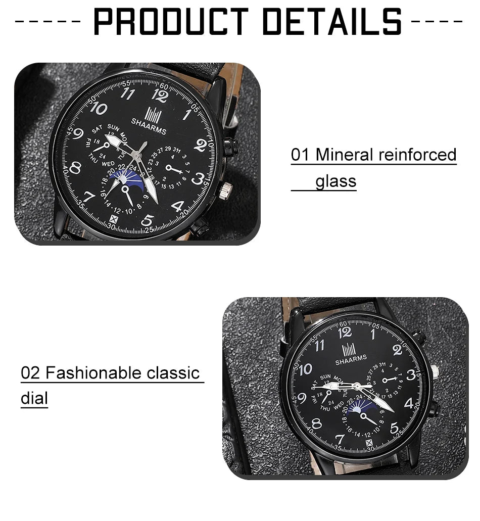 Fashion Mens Watches Wallet Glasses For Men Retro Black Bussiness Quartz Watch Male Casual Watch Relogio Masculino