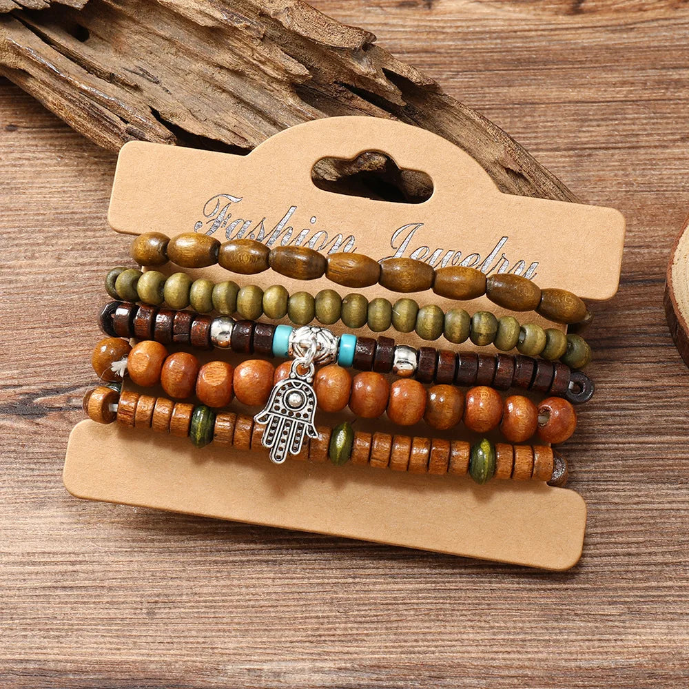 Ethnic 4-5pc/set wood bead tree Cactus Charms bracelets Hamsa Hand Butterfly Bohemia Men Bracelets For Women Female Jewelry