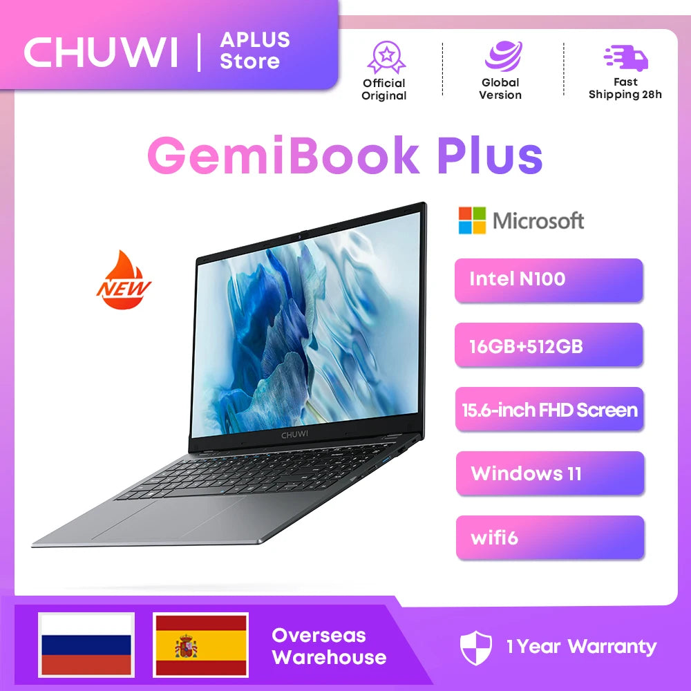 CHUWI GemiBook Plus Laptop 16GB LPDDR5 512GB SSD Intel Alder Lake N100 15.6'' FHD 1920 * 1080 WiFi 6 Windows 11 Laptops