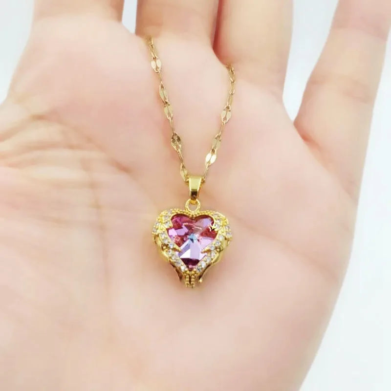 Luxury Colorful Crystal Ocean Heart Pendant Necklace For Women Korean Fashion Stainless Steel Neck Chain Female Wedding Jewelry